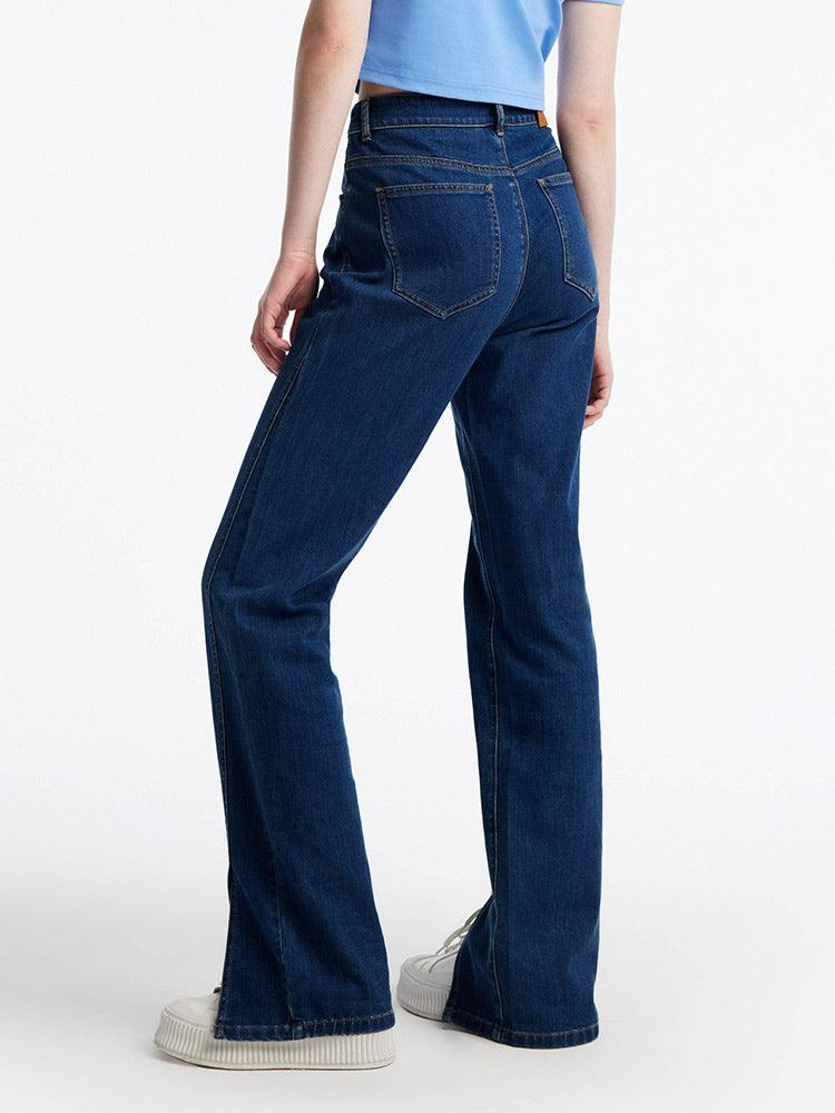 Slant Slit Denim Straight Leg Full Length Jeans GOELIA