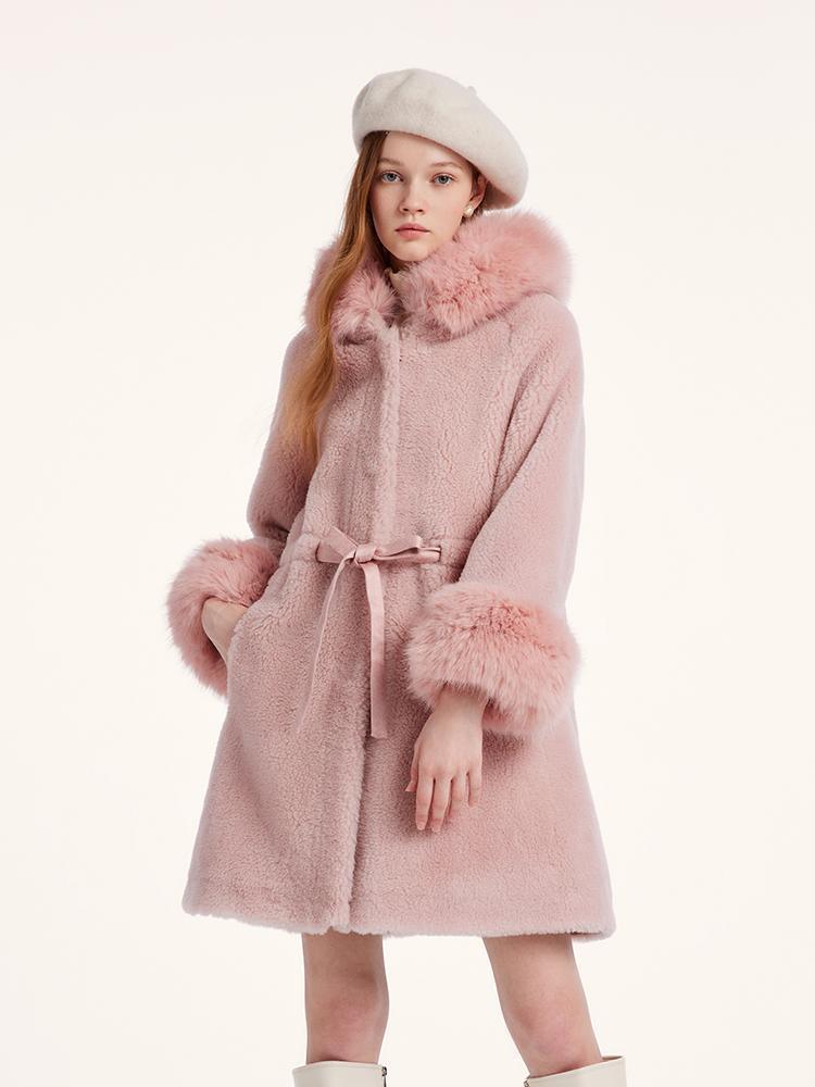 Pink Mid-Length Ruched Velour Coat With Adjustable Ties GOELIA