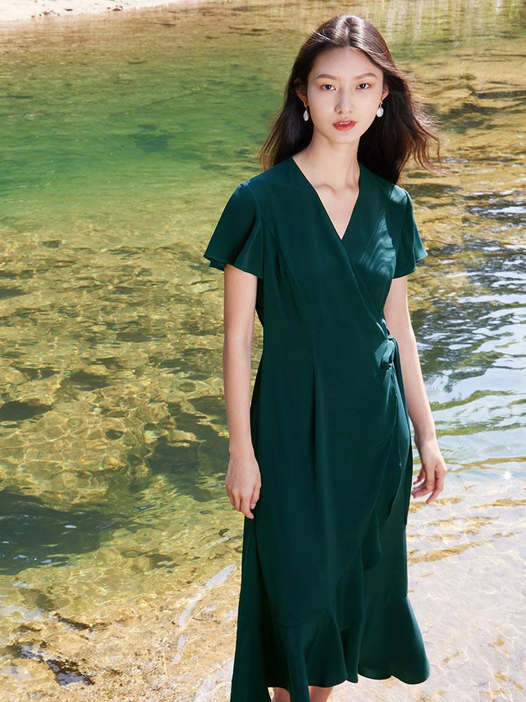 Dark Green Triacetate Wrap Dress GOELIA