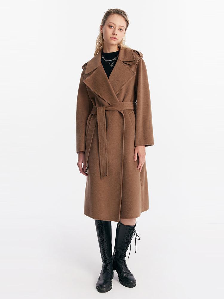 Coffee Brown Wrapped Woolen Coat GOELIA