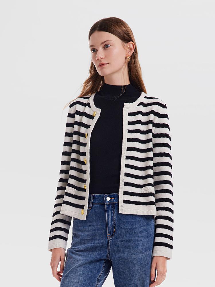 Button Up Woolen Striped Cardigan GOELIA