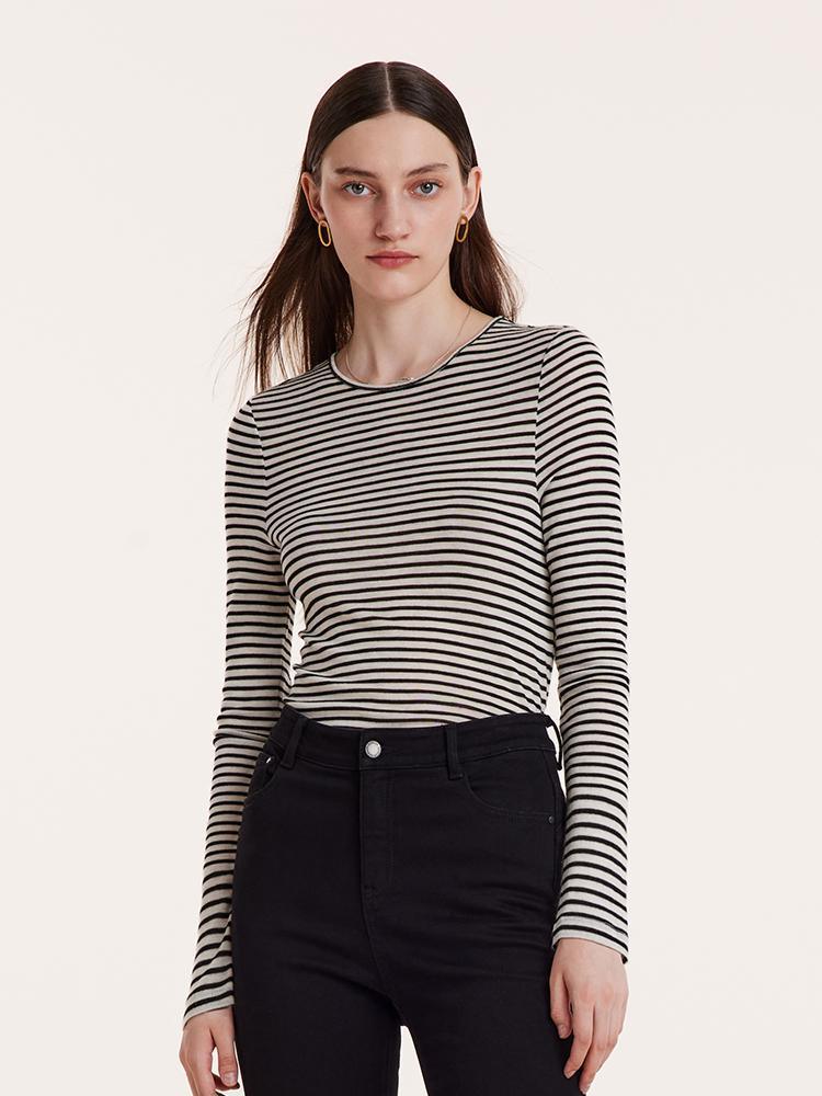 Washable Wool Striped Round Neck Sheath Sweater GOELIA