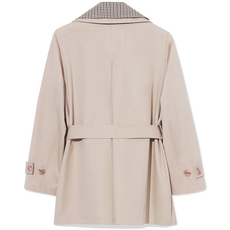 Beige Removable Double Plaid Collar Tench Coat GOELIA