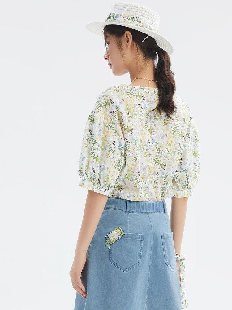 Oversized Crop V-Neck LIBERTY Printed Shirt GOELIA