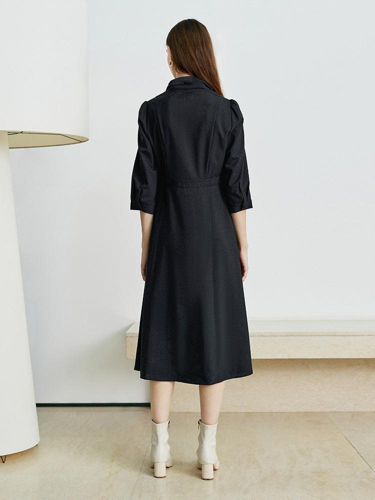 Black Wrosted Woolen Lapel Dress GOELIA