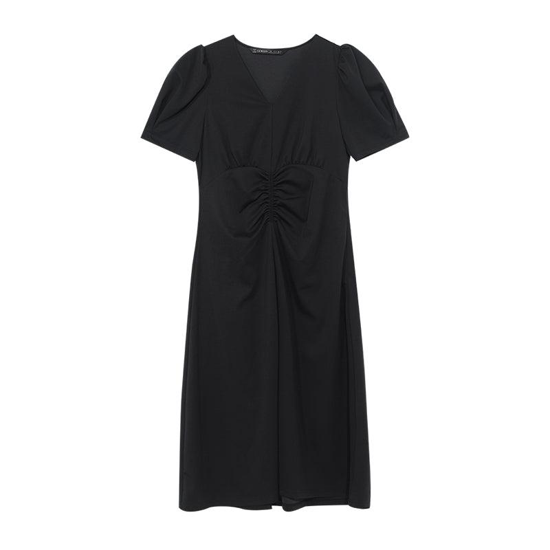 V-neck Pleated Mid-Calf Dress GOELIA