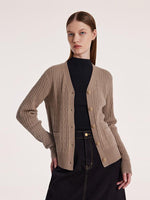 Camel Pure Cashmere V-Neck Cable Knit Cardigan GOELIA