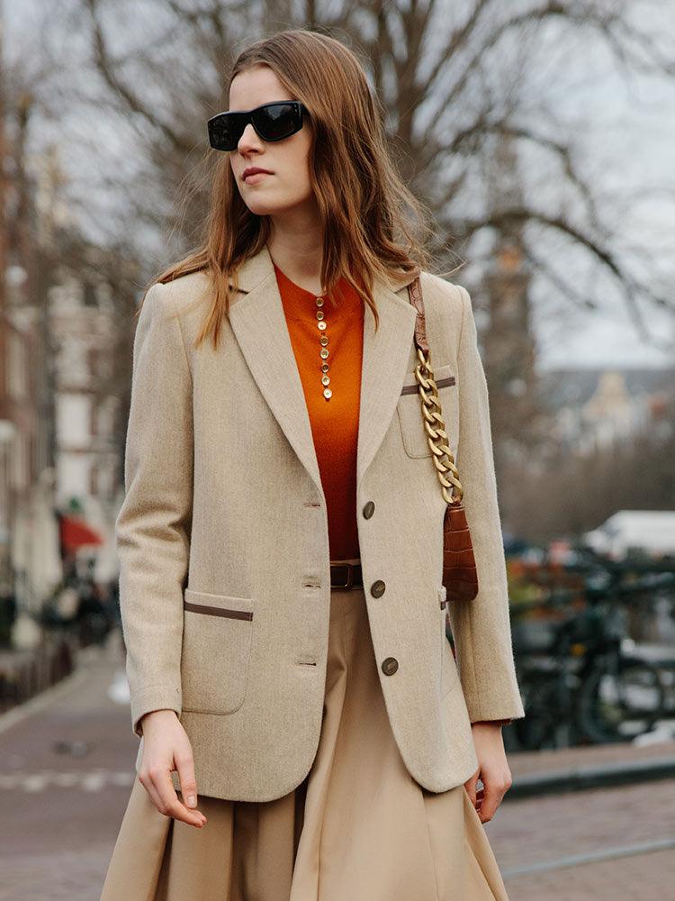 Vintage Cream Khaki & Brown Color Block Blazer GOELIA