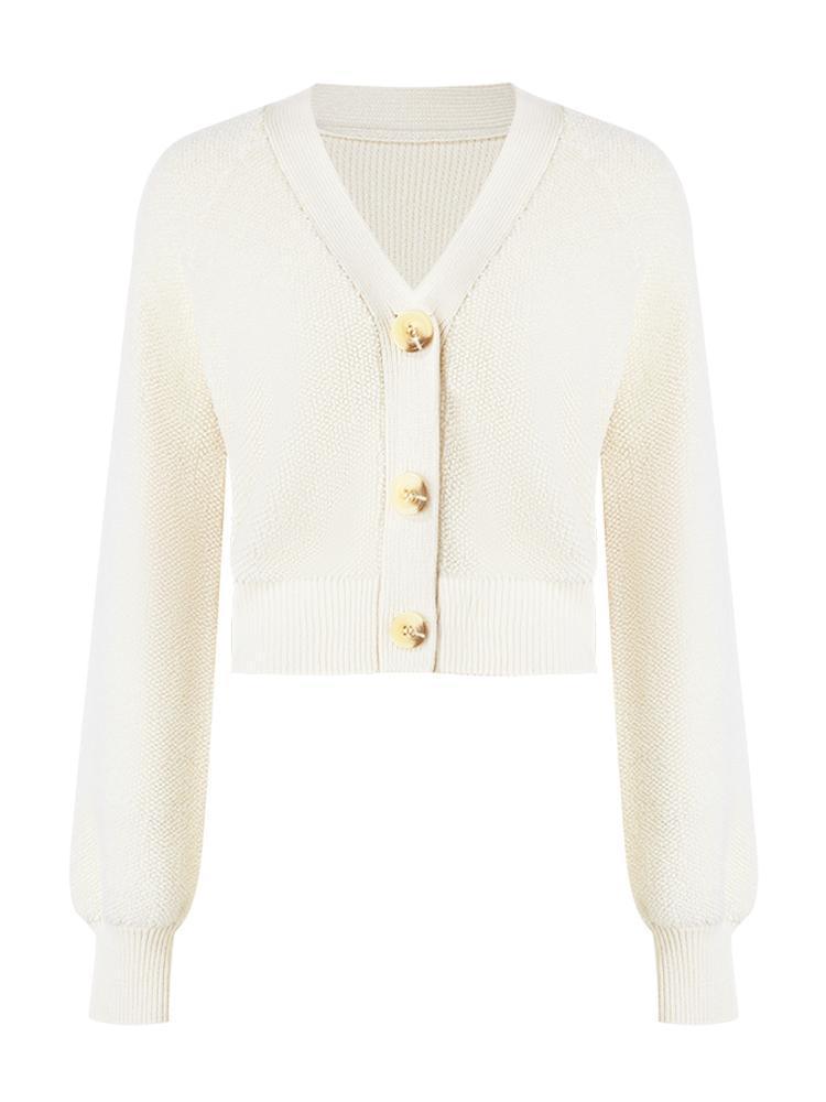 White Wool V-Neck Knit Cropped Cardigan GOELIA