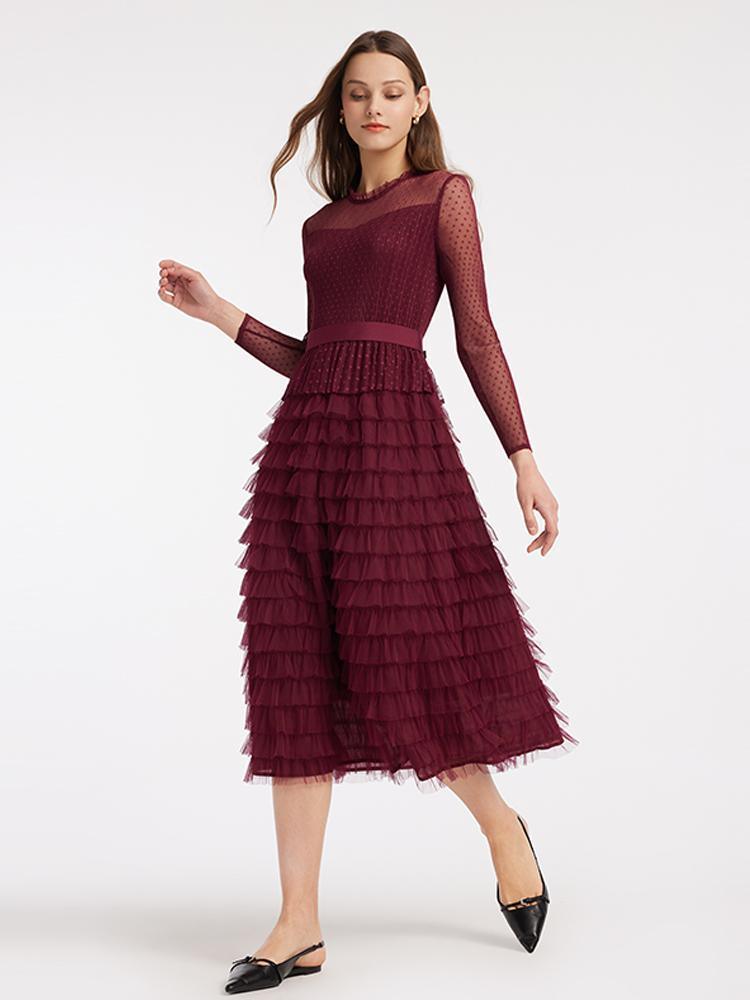 Pleated Tiered Sheer Sleeve Cake Midi Dress GOELIA