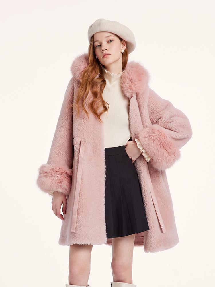 Pink Mid-Length Ruched Velour Coat With Adjustable Ties GOELIA