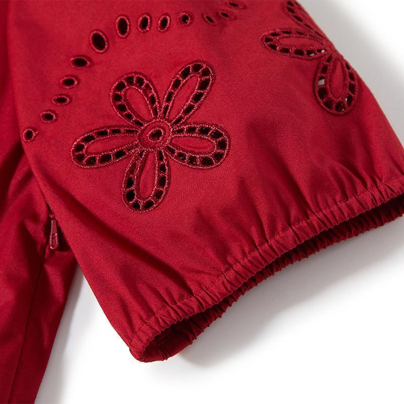 Chili Red Embroidered V-Neck Waist-Skimming Dress GOELIA