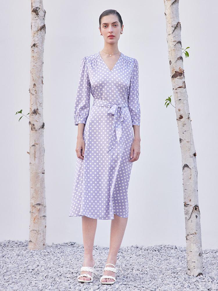 Purple Polka Dots Mulberry Silk Dress GOELIA