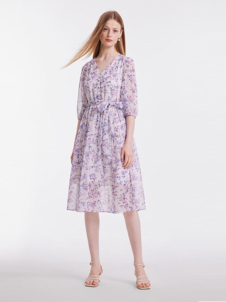 Purple Floral Belted Midi Dress GOELIA