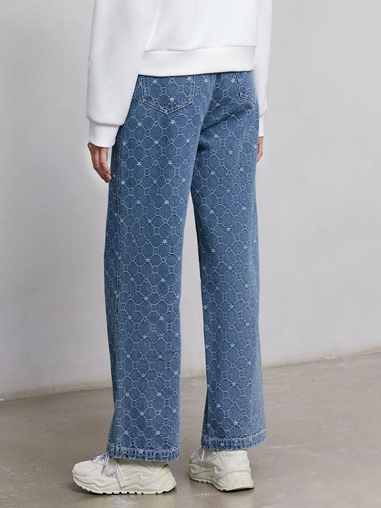 Blue Jacquard Denim Straight Leg Pants GOELIA