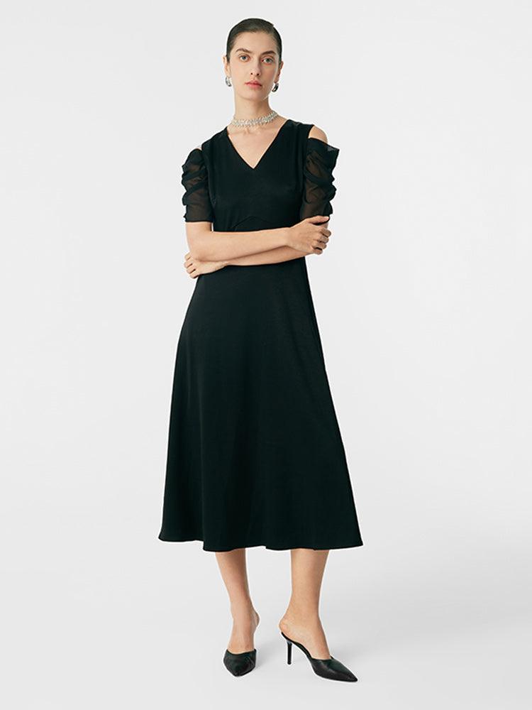 Black Triacetate Gathered Waist V-Neck Dress GOELIA