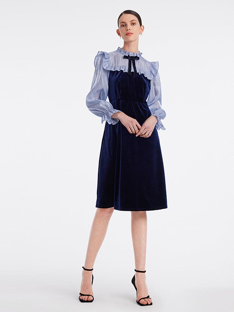 Ruffle Collar Velvet Patchwork Dress GOELIA