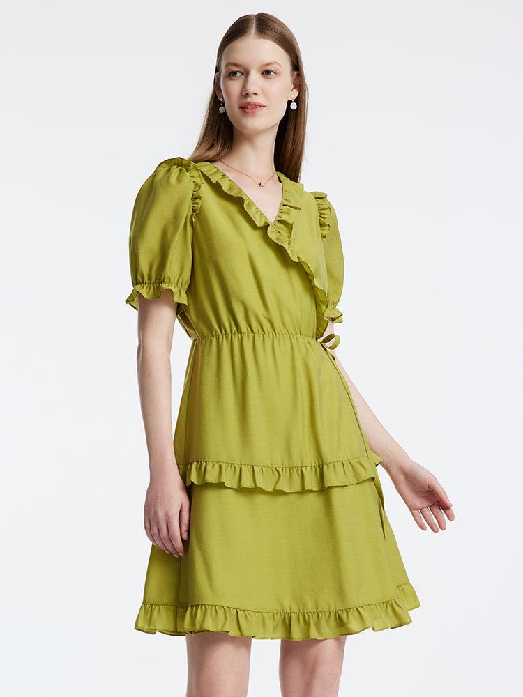 One-piece Ruffle Green V-Neck Dress GOELIA