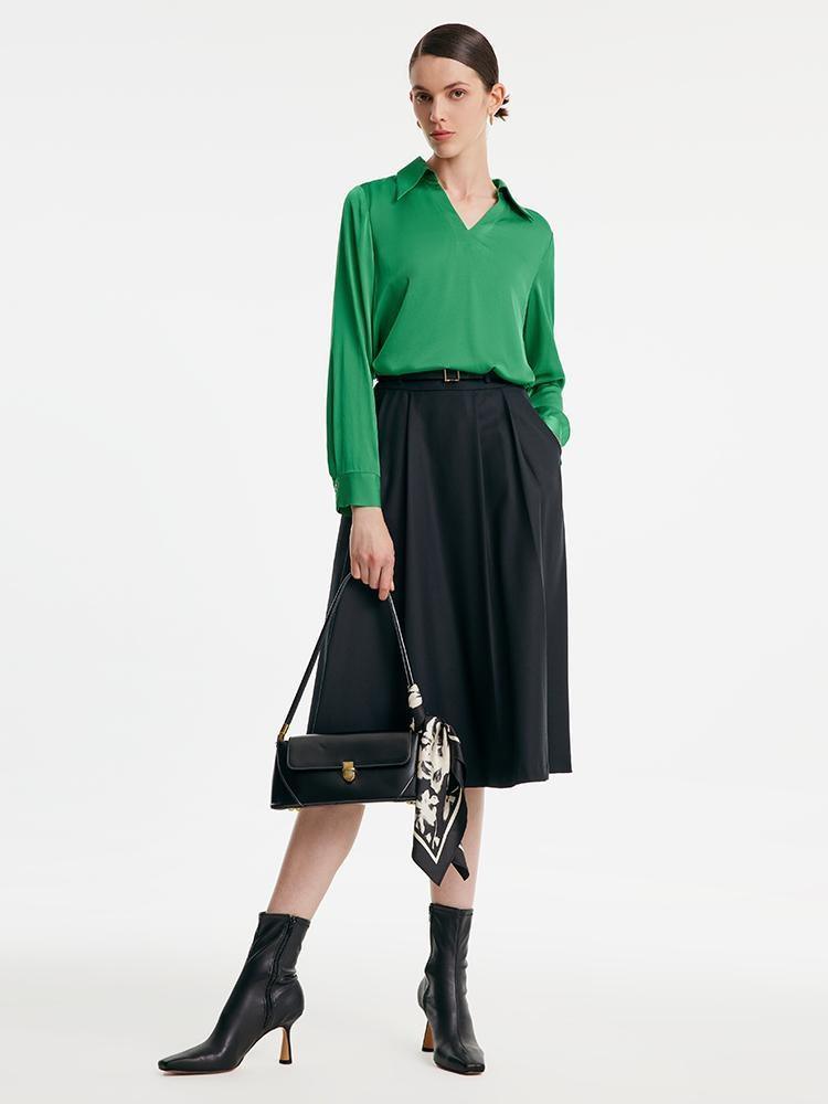 Worsted Wool A-shaped Half Skirt With Leather Belt GOELIA