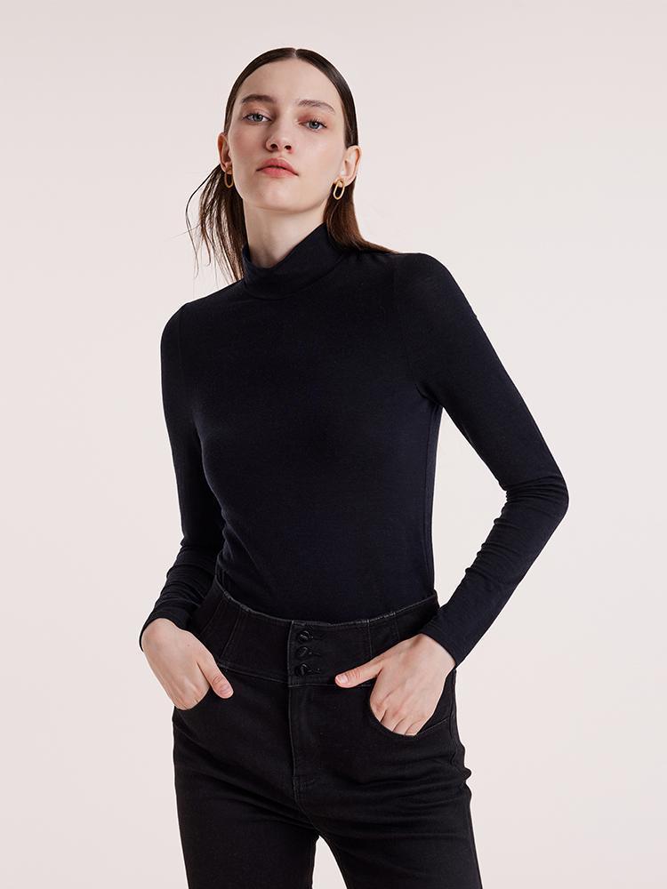 Pure Washable Wool Mock Neck Sheath Knit Sweater