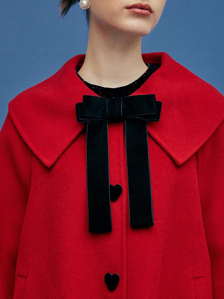 Chili Red Lapel Cape Woolen Coat GOELIA