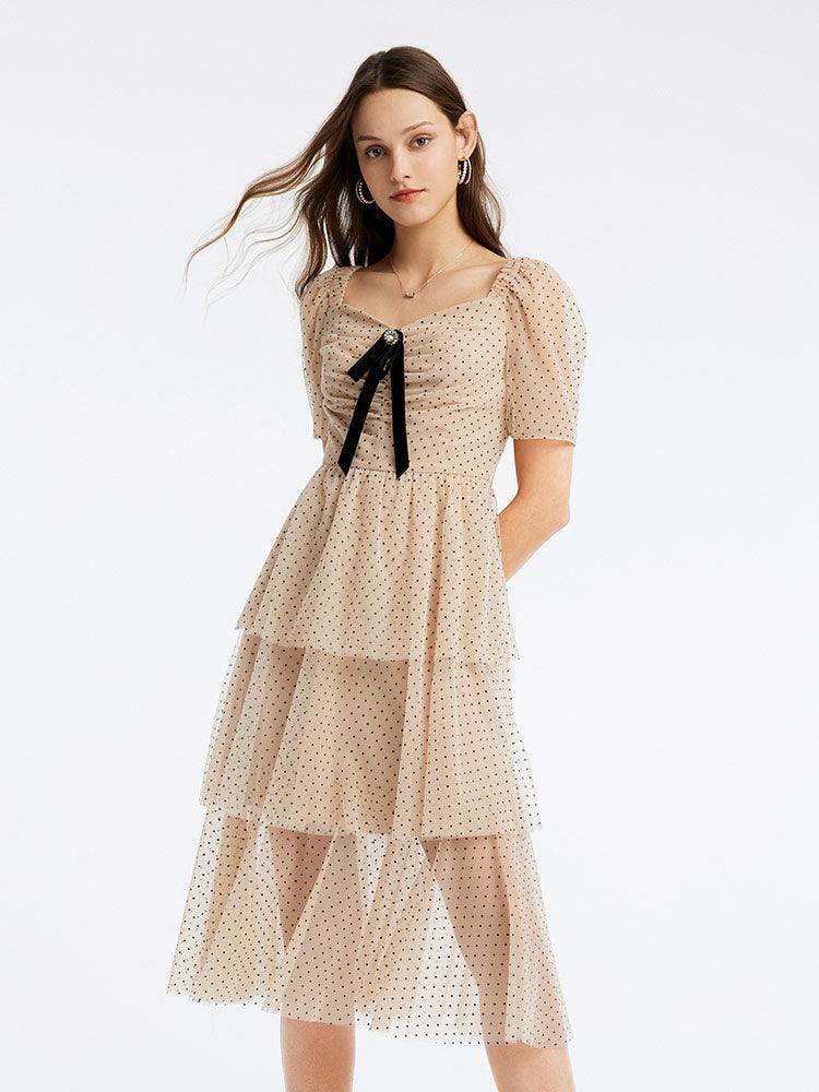 Polka Dot Mesh Square Neck Dress GOELIA