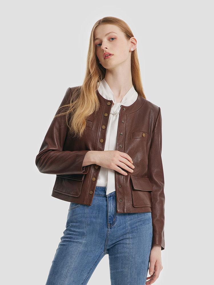 Rundhalsjacke aus Ziegenleder 