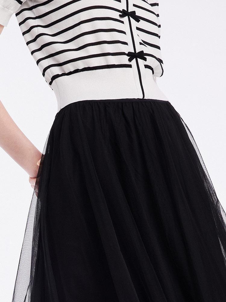 Black And White Striped Top And Mesh Half Skirt Two-piece Set GOELIA