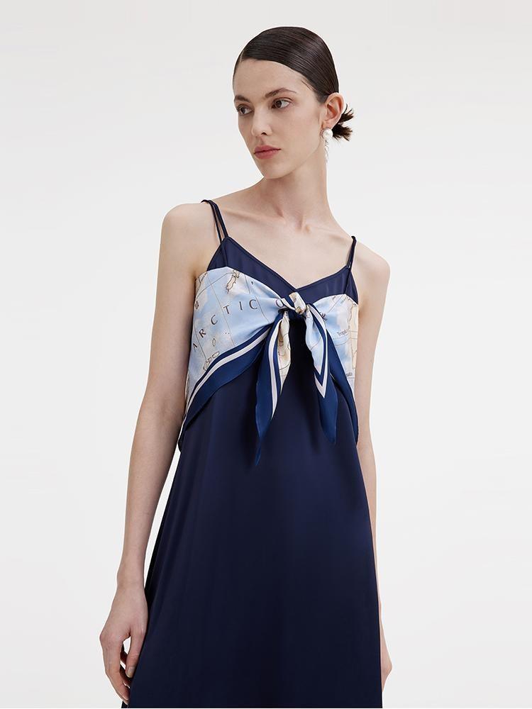 Two-Piece Set Triacetate Spaghetti Strap Dress And Map Silk Scarf GOELIA